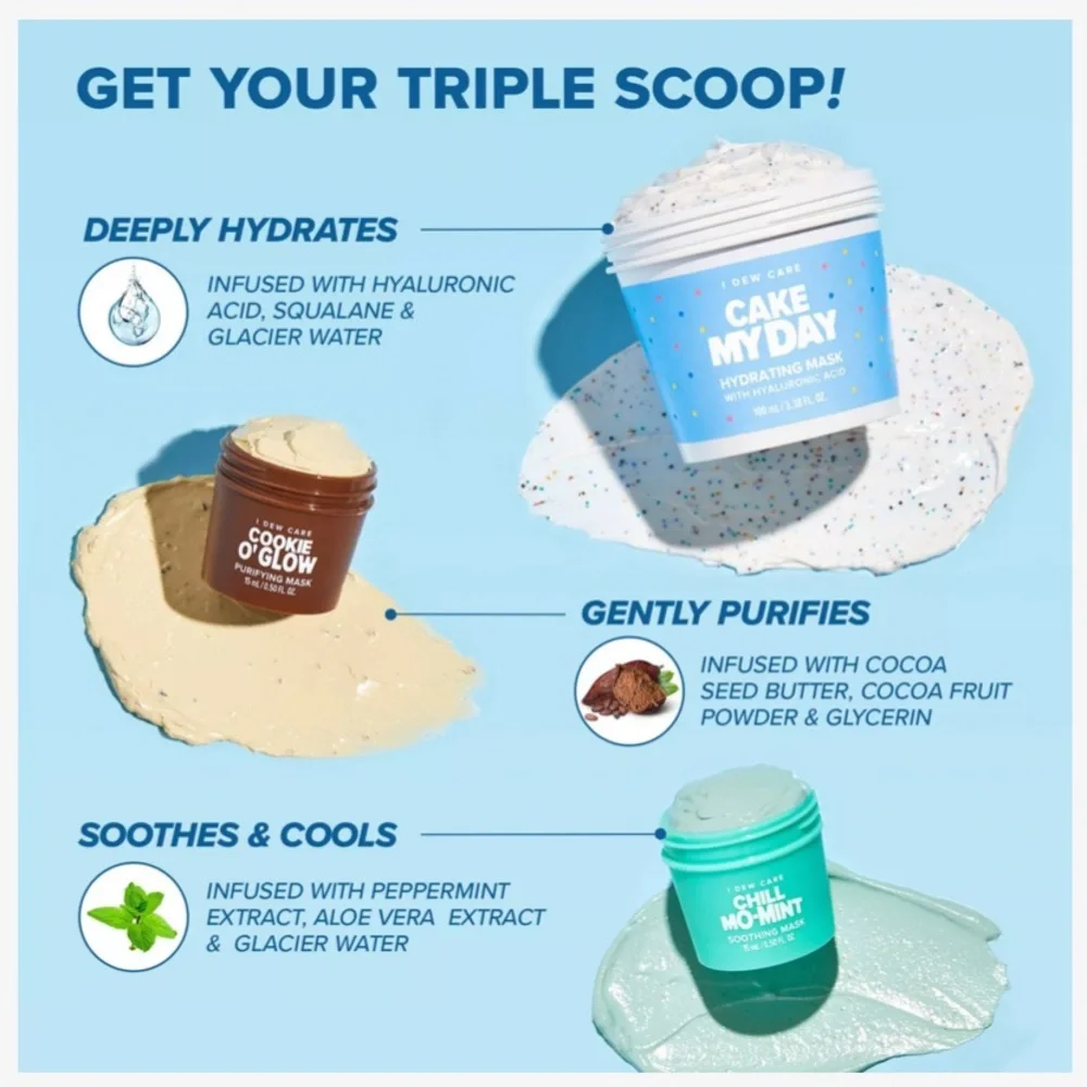 I Dew Care Sundae Scoop Wash-Off Mask Set Cake My Day Cookie O Glow Headband NEW